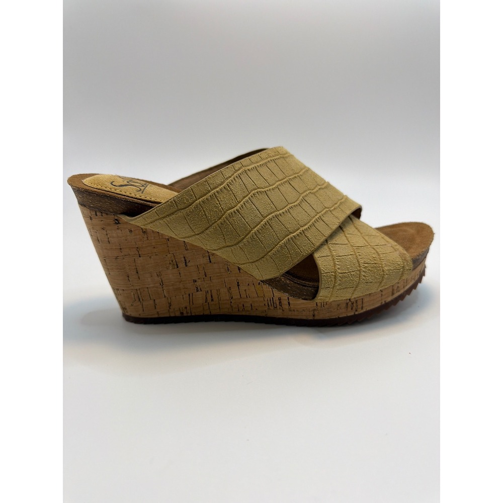 Sofft Tan Croc Embossed Leather Cork Wedge Sandals Womens 8M‎ SF0058007 Platform